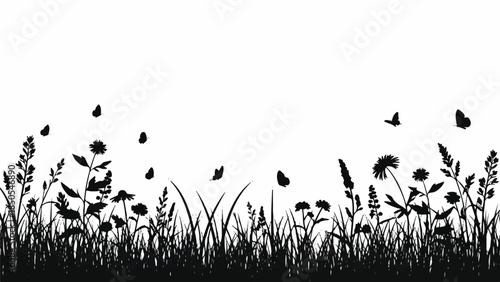 A beautiful black and white silhouette of a meadow filled with various wildflowers and fluttering butterflies, creating a serene natural scene