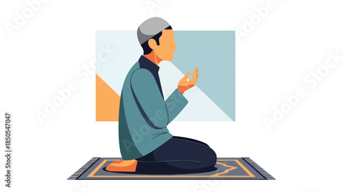 Muslim Man Praying on Prayer Mat Flat Illustration