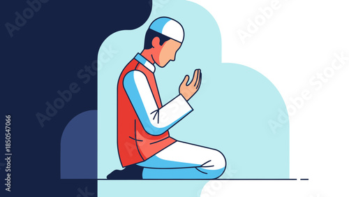 Muslim Man Praying on Prayer Mat Flat Illustration