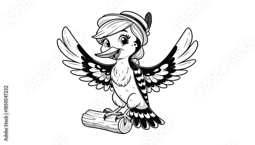 Vector illustration of cartoon bird waving wing greeting black and white drawing For children to learn to color according to the picture.