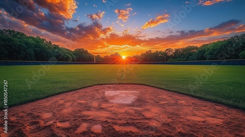 sunset over empty baseball field with home plate in foreground, lush green outfield, treeline and dramatic colorful clouds creating a peaceful, hopeful mood