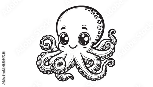 Vector illustration of cartoon Octopus black and white drawing For children to learn to color according to the picture.