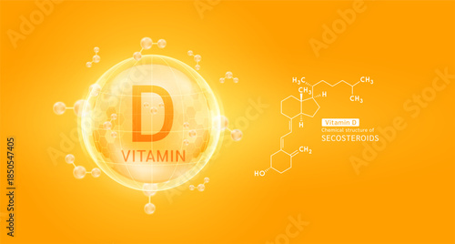Orange vitamin D complex solution in hexagonal dome with molecules. Chemical structure of Secosteroids. For cosmetic products ads or supplement. Medical health care skin protection. Vector EPS10.