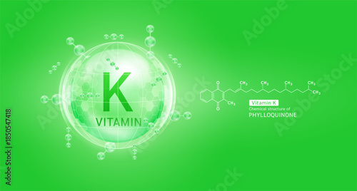 Green vitamin K complex solution in hexagonal dome with molecules. Chemical structure of Phylloquinone. For cosmetic products ads or supplement. Medical health care skin protection. Vector EPS10.