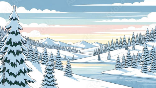 Snowy Landscape with Evergreen Trees and Mountains at Sunset Serene Winter Wonderland Scene