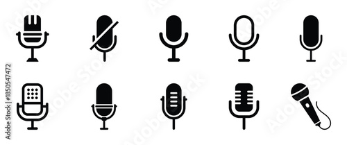 Microphone flat and line icon set. Voice recording symbol. Audio podcasting and broadcasting sign. Voice note icon microphone in black, vector illustration isolated on white background