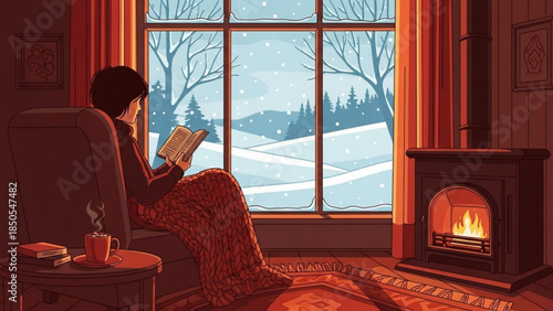 Cozy Winter Scene with Woman Reading by Fireplace and Snowy Landscape Outside Large Window