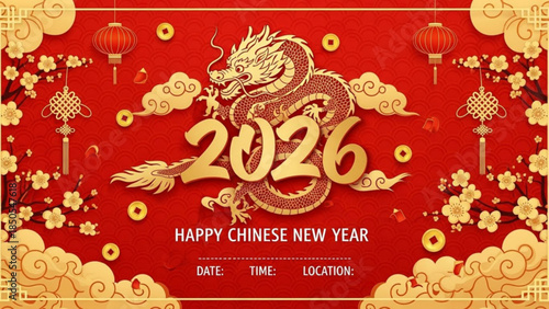 Vibrant Red Chinese New Year 2026 Celebration Background with Golden Dragon and Lanterns Decoration