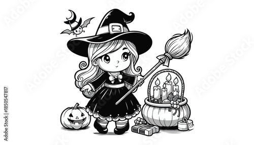 Vector illustration of cartoon halloween witch black and white drawing For children to learn to color according to the picture.