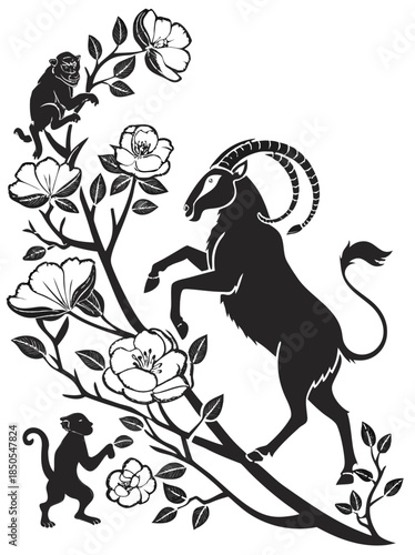 Ibex Goat with Monkeys and Flowers Silhouette Vector Clipart Floral Mountain Animal Illustration Line Art