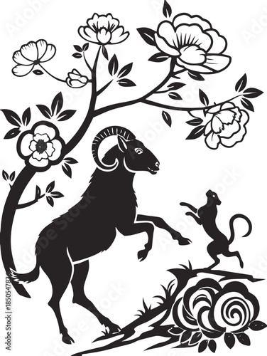 Ram Goat with Flowers Silhouette Vector Clipart Capricorn Zodiac Illustration Line Art