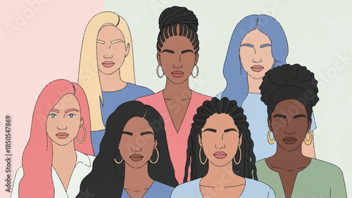 Diverse group of women with different skin tones, hair colors, and hairstyles depicted in a flat illustration style