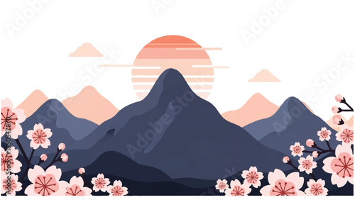 Serene Japanese Mountain Landscape with Cherry Blossoms at Sunrise