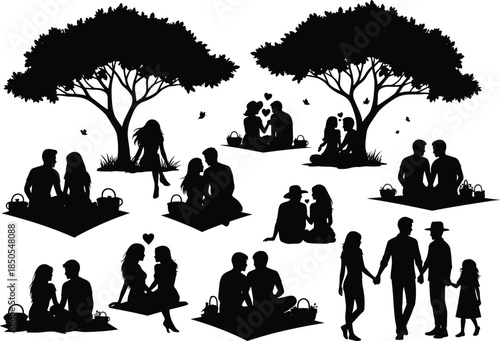 Extensive Set of Romantic Silhouettes Showing Couples and a Family on a Picnic Under Trees, Representing Love, Summer, Outdoors, Dating, Leisure, and Relationship Goals, Vector