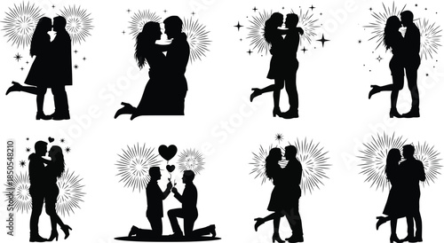 Collection of romantic couple silhouettes celebrating love and engagement against festive fireworks backgrounds