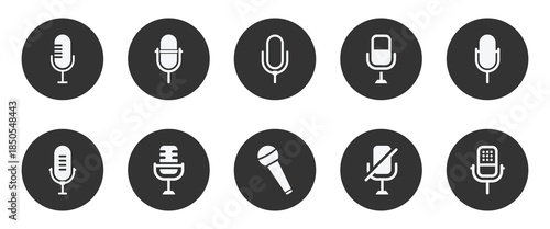 Microphone icon. Audio speech podcast mic vector symbol. Thin line microphone pictogram. Voice record mike icon. Vector illustration.