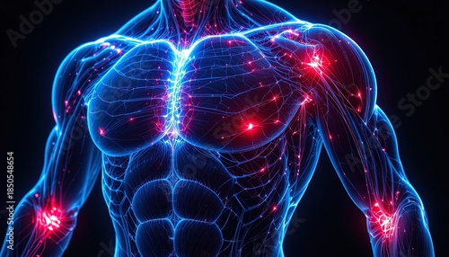 Illuminated depiction of muscular structure highlighting pain points with glowing red nodes