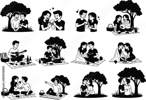 Set of Twelve Romantic Couple Silhouettes Enjoying Picnic, Date, Guitar, and Quality Time Together Under a Tree, Representing Love, Leisure, Outdoors, and Friendship, Vector.