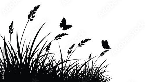 Black silhouette graphic of wild grass and flowering reeds, with two delicate butterflies gracefully soaring, symbolizing serene summer nature