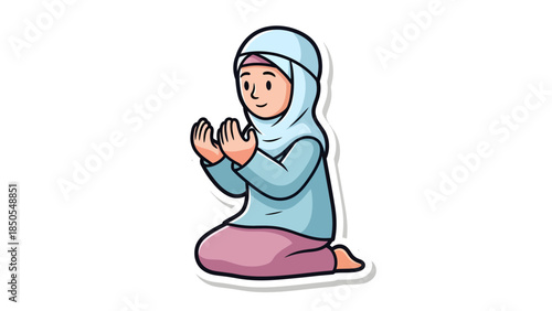 Cute Muslim Girl Praying on Prayer Mat Sticker Illustration