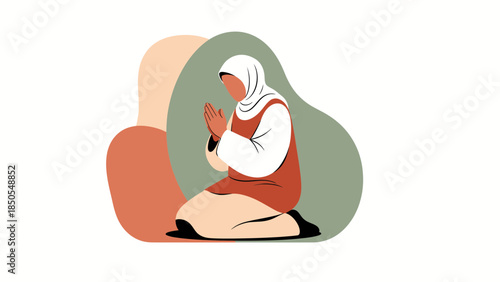 Muslim Woman Praying with Hijab Aesthetic Flat Illustration