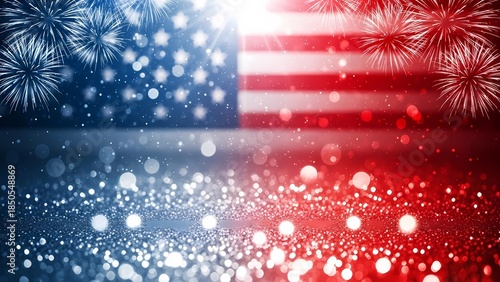 Fourth of july celebration with american flag bokeh lights and fireworks display