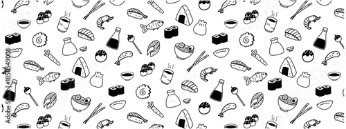 japanese food seamless pattern doodle hand drawing sketch background chinese asian food dimsum sushi restaurant