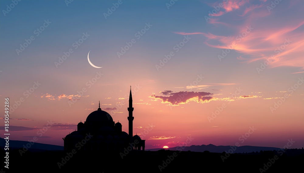 Obraz premium Silhouette of a mosque with a minaret and dome against a sunset sky in Istanbul creates a beautiful architectural skyline landscape