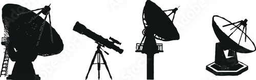 The image shows four different silhouettes of instruments used to collect and study electromagnetic radiation—two are optical telescopes and two are radio‐dish antennas