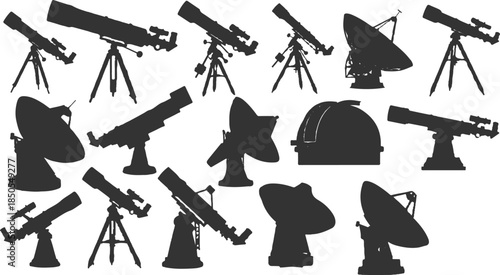 The black-and-white silhouettes in the picture are various types of telescopes and radio antennas.