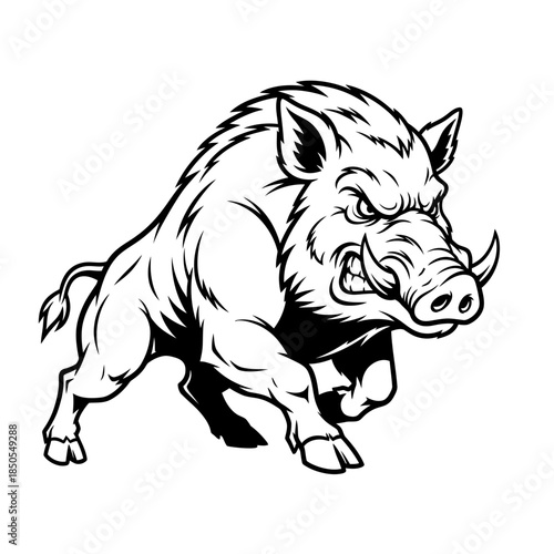 Fierce Wild Boar Charging Forward in Black and White.