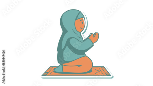 Cute Muslim Girl Praying on Prayer Mat Sticker Illustration