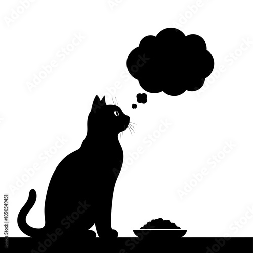 Silhouette of a cat contemplating its food with a thought bubble.