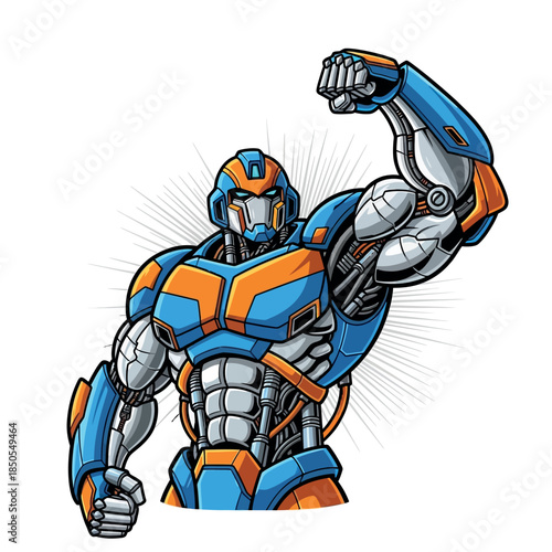 A muscular robot in blue and orange armor flexes its powerful arm.