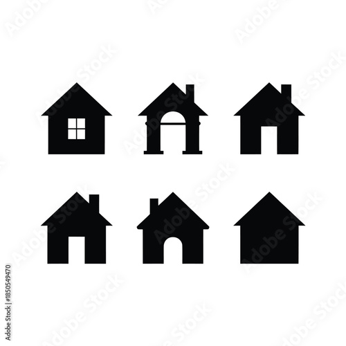 Simple black house silhouettes arranged in a grid pattern showcasing various designs