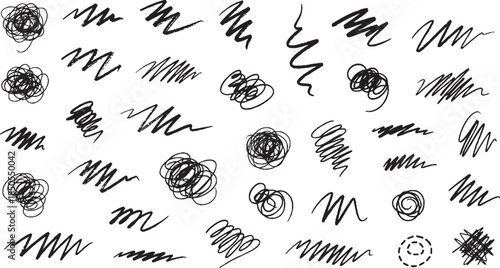 Collection of Diverse Hand-Drawn Scribble Lines and Abstract Organic Shapes in Black Ink