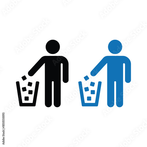 Two figures disposing of waste into trash bins black and blue icons