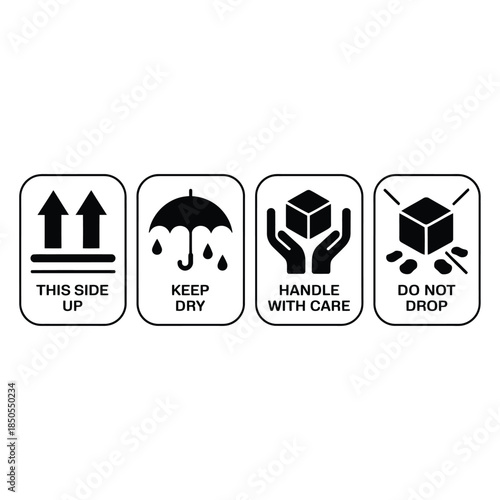 Four shipping package handling symbols this side up keep dry handle with care