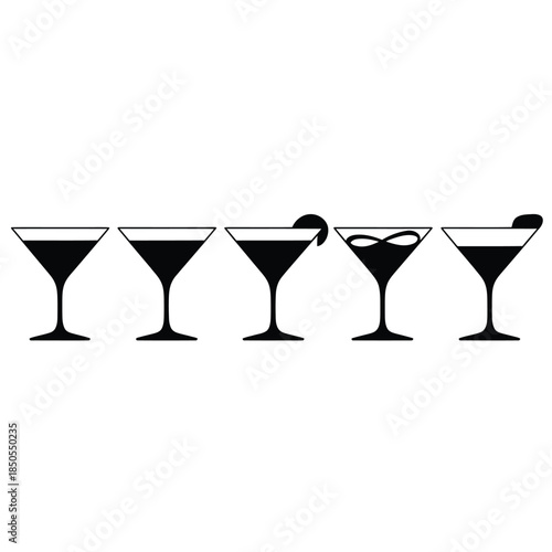 A sequence of martini glasses showing decreasing liquid levels and a lemon