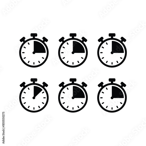 Six black stopwatches showing varying countdown times in a grid format