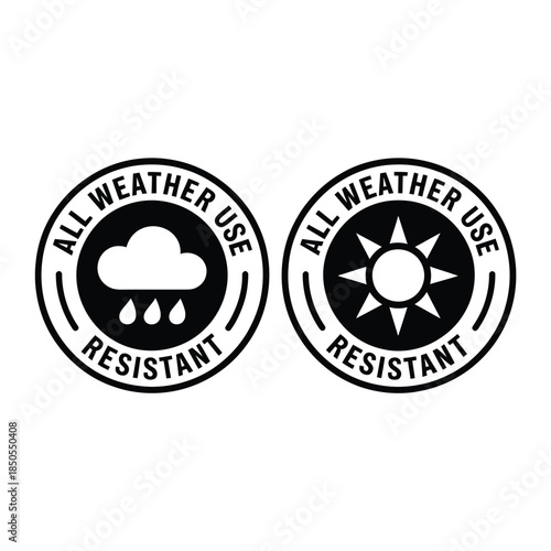 Weather resistant icons cloud with rain and sun with rays displayed