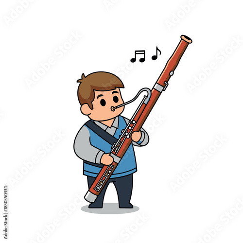A young boy enthusiastically plays a large bassoon while standing and singing a musical tune