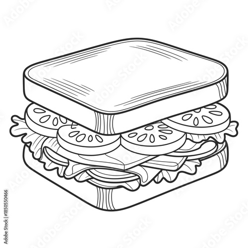 A simple line drawing of a sandwich with tomatoes and lettuce