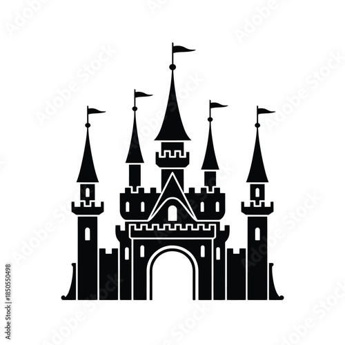 A striking black silhouette depicts a fairytale castle with multiple towers