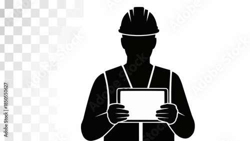 Silhouette of a construction worker holding a tablet computer.