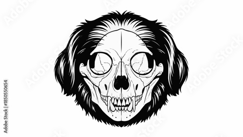 Detailed Illustration of a Dog Skull with Furry Ears.