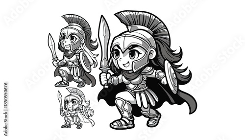 Vector illustration of cartoon spartan worrior black and white drawing For children to learn to color according to the picture.