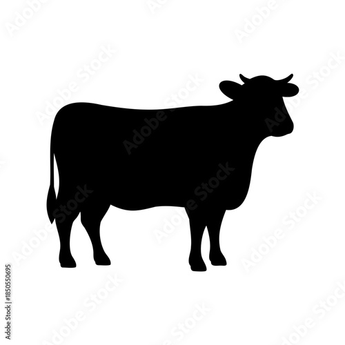 Simple black silhouette of a cow standing on a white background