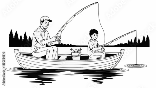 Father and Son Fishing Together in a Boat.