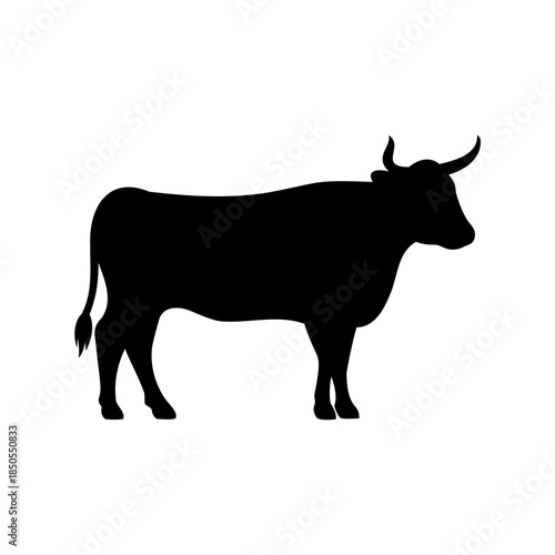 Black Silhouette Illustration of a Full Bodied Mature Horned Cattle Standing Calmly